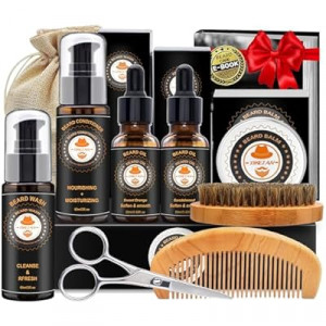 XIKEZAN Beard Kit for Men Grooming & Care w/Beard Conditioner, Wash, Oil, Balm, Brush, Comb,Birthday Fat…