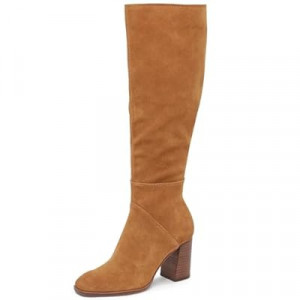 Coutgo Womens Knee High Boots Square Toe Chunky Block Heel Side Zipper Faux Suede Long Boots Fall…