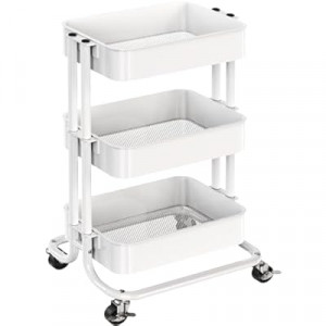 Pipishell 3 Tier Metal Rolling Utility Cart, Heavy-Duty Storage Rolling Cart with 2 Lockable Wheels, Multif…