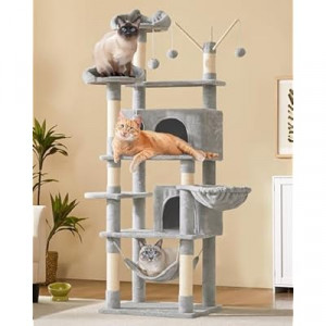 Yaheetech Cat Tree, 67in Large Tower w/ 3 Removable Teaser Sticks, 2 Kitten-Ear Shaped Perches, 2 Cond…