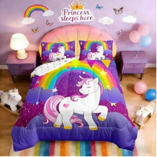 Erosebridal Kids Unicorn Down Comforter Queen Size Girls Comforter Set Cute Unicorn Print B…