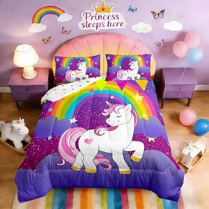 Erosebridal Kids Unicorn Down Comforter Queen Size Girls Comforter Set Cute Unicorn Print B…