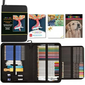 CwhaleCblu 77 Pack Drawing Set Art Supplies,Drawing Supplies with 3-Color Sketch Book, Colored, Graphi…