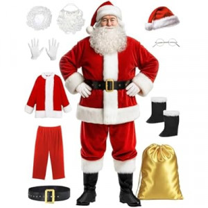 Kofero Santa Claus Costume for Men Santa Suit Adult 10PCS Plus Size Velvet Deluxe Santa Clause Christm…