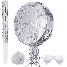 Disco Ball Small Piñata with Stick Blindfold and Confetti, Silver Foil Piñatas for Birthday Party Kids Adu…