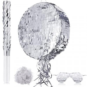 Disco Ball Small Piñata with Stick Blindfold and Confetti, Silver Foil Piñatas for Birthday Party Kids Adu…