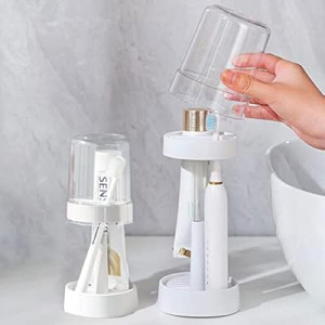 1 Pack Toothbrush Holder Stand with Cover/Cup & 2 Slots, Height Adjustable Electric Toothbrush Hol…
