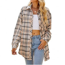 CHYRII Womens Button Down Flannel Shirts Long Sleeve Plaid Shackets Business Casual Blouse Top