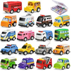 18 Pack Assorted Pull Back Car Toys for Kid with Storage Organizer Box, Mini Model Vehicle Set with Display…
