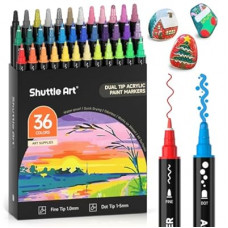 Shuttle Art 36 Colors Dual Tip Acrylic Paint Markers, Dot Tip and Fine Tip Acrylic Paint Pens for Rock, Ceramic…