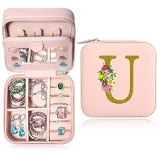 XIUQILAI Jewelry Box for Women, Birthday Gifts, Pink Small Travel Earring Organizer Case-Initial U