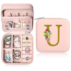 XIUQILAI Jewelry Box for Women, Birthday Gifts, Pink Small Travel Earring Organizer Case-Initial U