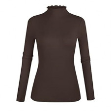 POPZONE Women's Lettuce Trim Mock Neck Long Sleeve Slim Fit Ribbed Knit Tee Shirt Tops