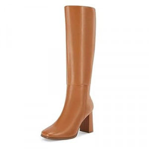 Coutgo Womens Wide Calf Knee High Boots Chunky High Heel Square Toe Fashion Leather Shoes with Side Zi…