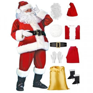 DressVoguer Santa Claus Costume for Men 9 PCS Deluxe Santa Suit with Hat, Christmas Party Costume for…