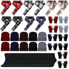 Panitay 50 Pcs Winter Warm Set Beanies Hats Gloves Scarves Socks Set Plaid Scarf Plush Earmuffs Sock…