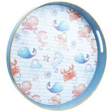 Round Coastal Blue Decorative Serving Tray with Handles 13