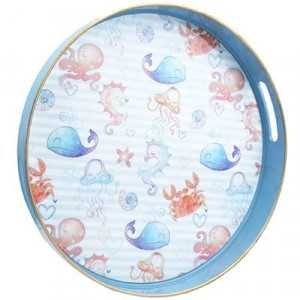 Round Coastal Blue Decorative Serving Tray with Handles 13