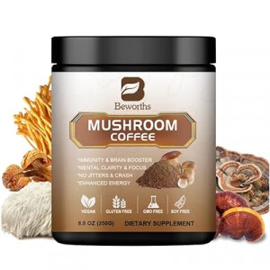 250g Mushroom Coffee - Lion's Mane Mushroom Instant Coffee Powder with Lions Mane, Reishi, Chaga, Cor…