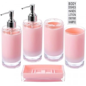 Pink Bathroom Accessories Set 5 Pieces Soap Dispenser and Toothbrush Holder, Tumbler, Soap…