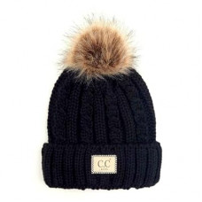C.C Kids' Suede Patch Snuggly Soft Warm Knit Pom Cuff Beanie
