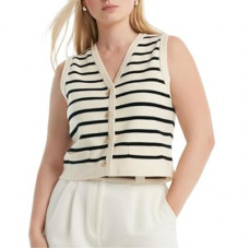 Women's Striped Cropped Knit Vest - Sleeveless V Neck with Gold Buttons, Business Casual Multi-Season Layer…