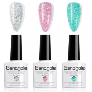 Gsnagole Glitter Gel Nail Polish Set Sparkly 3 Colors Silver Pink Green Gel Polish Kit Soak Off UV Manicure Art…