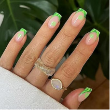 Medium Square Press on Nails St. Patrick's Day Fake Nails Pink Acrylic Nails with Green French Curve Clov…