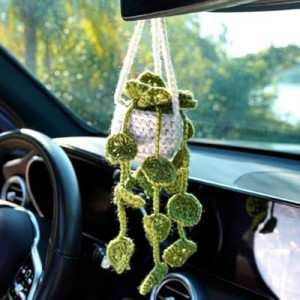 Crochet Hanging Plant for Rear View Mirror Accessories Hanging Decor Boho Car Accessories Interior Aesth…