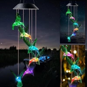 Solar Green Hummingbird， Color Changing Wind Chimes for Outside, Waterproof Solar Powered Wind, S…
