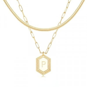 MYEARS Women Layered Necklace Gold Italian Snake Chain Choker Initial Hexagon Halo Radiant Penda…