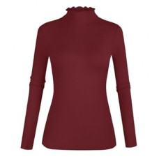 POPZONE Women's Lettuce Trim Mock Neck Long Sleeve Slim Fit Ribbed Knit Tee Shirt Tops