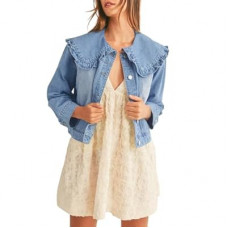 Takaneo Womens Denim Jacket Peter Pan Collar Cute Cropped Long Sleeve Shirts Jean Coat with Pockets