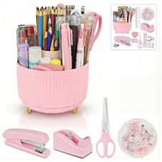 Pink Office Desk Accessories, 15pcs Office Supplies 360°Pen Holder , Stapler, Staple Remover, Tape Disp…