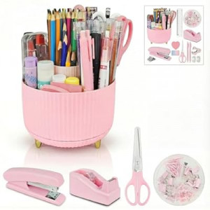 Pink Office Desk Accessories, 15pcs Office Supplies 360°Pen Holder , Stapler, Staple Remover, Tape Disp…