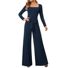 LOOKBOHO Jumpsuits For Women Dressy Long Sleeve Square Neck Casual Belted Wide Leg Long Pants…