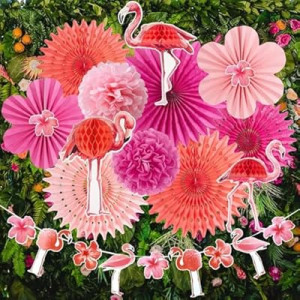 Flamingo Party Decorations Pink Hanging Paper Fans for Tropical Party Decorations Flamingo Flowers Garl…