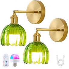 Vintage Battery Operated Wall Sconce 2 Pack, Green Tulip Glass Shade Gold Wall Lamp with 12 Inch…