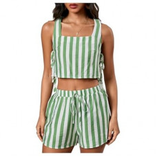 MakeMeChic Women's Summer Two Piece Outfit Striped Bow Square Neck Sleeveless Crop Tops and Shorts Set