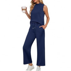Lepunuo Two Piece Sets for Women Summer Mock Neck Sleeveless Top Crop Wide Leg Pants Lounge Sets V…