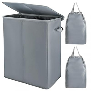 Voova 154L Double Laundry Hamper with Lid and 2 Removable Laundry Bags, Large Collapsible 2 Dividers D…