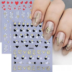 3 Sheet Valentine's Day Nail Art Stickers with 5D Star Heart Love Curve Embossed Design Nail Art De…