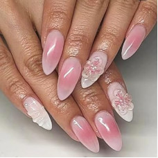 YOSOMMK Pink Almond Press on Nails Short Fake Nails with 3D Flower Designs Acrylic Nail Glossy Glue on…