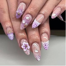 YOSOMMK Purple Press on Nails Medium Almond Fake Nails with 3D Flower Swirl Dot Designs Fre…