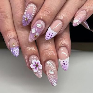 YOSOMMK Purple Press on Nails Medium Almond Fake Nails with 3D Flower Swirl Dot Designs Fre…