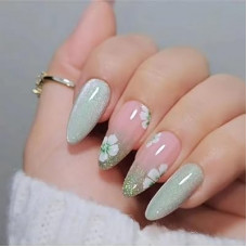 YOSOMMK Green Press on Nails Medium Cat Eye Almond Fake Nails with Flower Glitter Design…