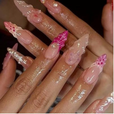 YOSOMMK Nude Press on Nails Almond Medium Fake Nails with 3D Butterfly Pearl French Tip D…