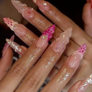 YOSOMMK Nude Press on Nails Almond Medium Fake Nails with 3D Butterfly Pearl French Tip D…