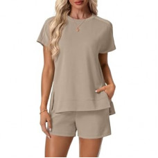 Lepunuo 2 Piece Short Sets for Women Summer Outfits Short Sleeve Tops Elastic Waist Shorts Lounge S…