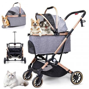 LENSEMUS Dog Stroller for Dogs - 3 in 1 Pet Stroller with Detachable Storage Basket 4 All-Terrain Rubber…